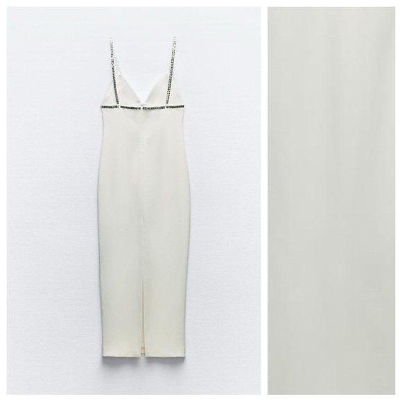 NWT. Zara White Rhinestone Midi Dress with V-neckline. Size S. - Picture 7 of 11